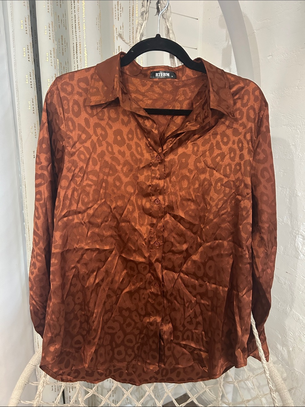 BTFBM Brown Satin Leopard Jacquard Button Down Blouse | Medium